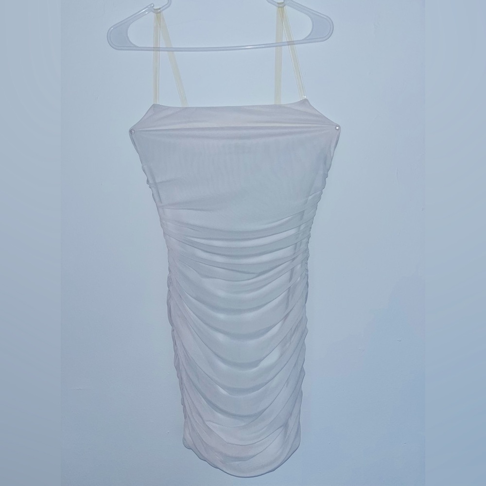 White Mesh Mini Dress With Clear Straps
